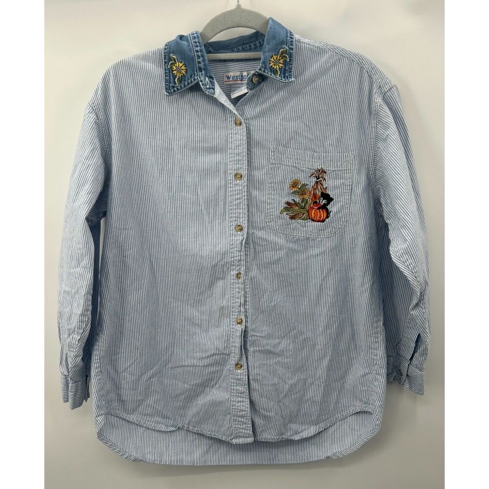 Vtg 90s Shirt Women S Cottagecore Fall Cat Halloween Pumpkin Embroidered Shirt